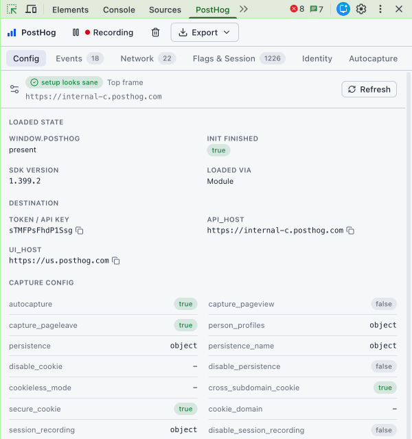 PostHog Debugger Config tab showing SDK status, destination, capture settings, consent, and identity details