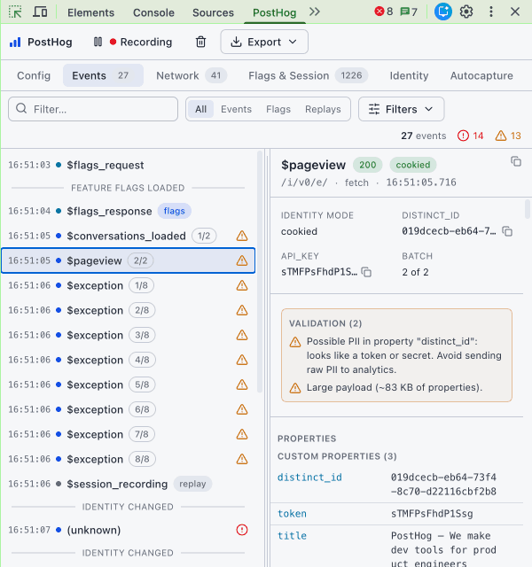 PostHog Debugger Events tab with an event timeline, selected event payload, properties, and validation warnings
