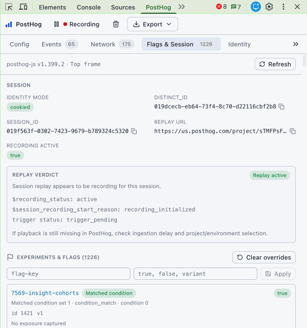 PostHog Debugger Flags and Session tab showing replay status, session identifiers, flags, and overrides