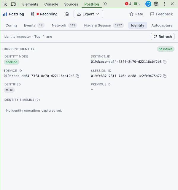 PostHog Debugger Identity tab showing the current identity, distinct and device IDs, session details, and identity timeline