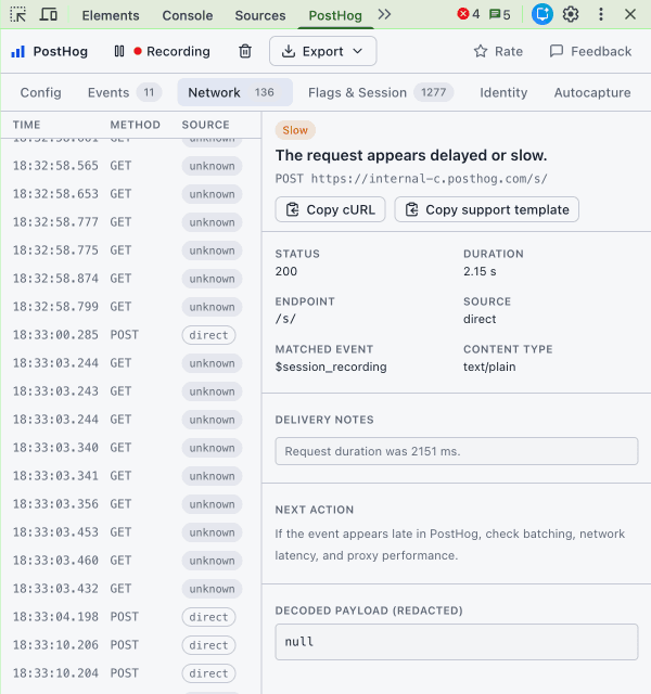 PostHog Debugger Network tab showing a request list, slow-request details, delivery notes, and a suggested next action
